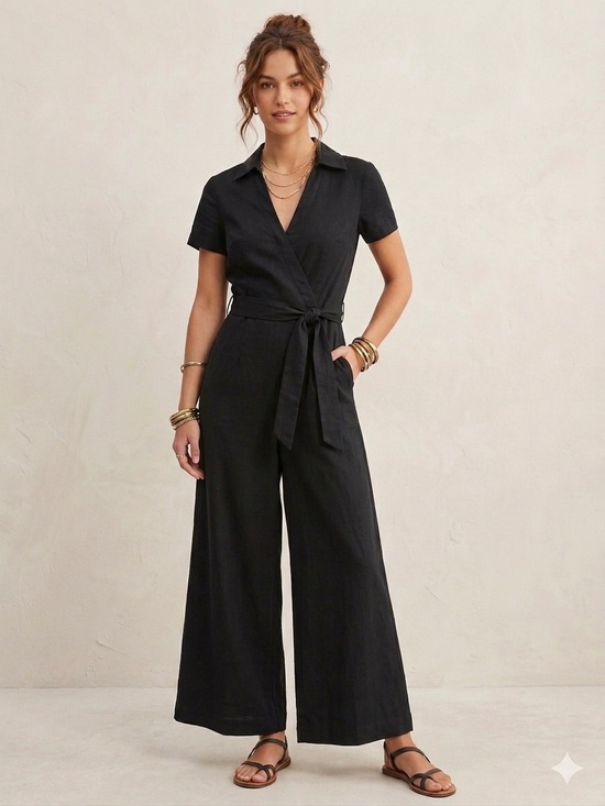Anthropologie Pants - Anthropologie Maeve Colette Black Short-Sleeve Tie-Waist Wide-Leg Jumpsuit